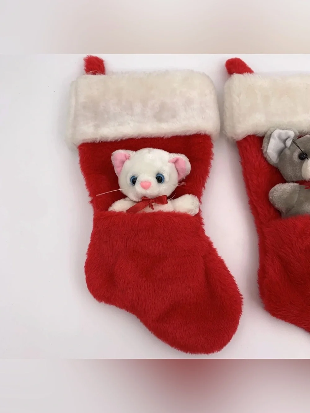 2 Vintage Santa’s Best Christmas Stockings 14” Small Mouse Cat Stuffed Animals.